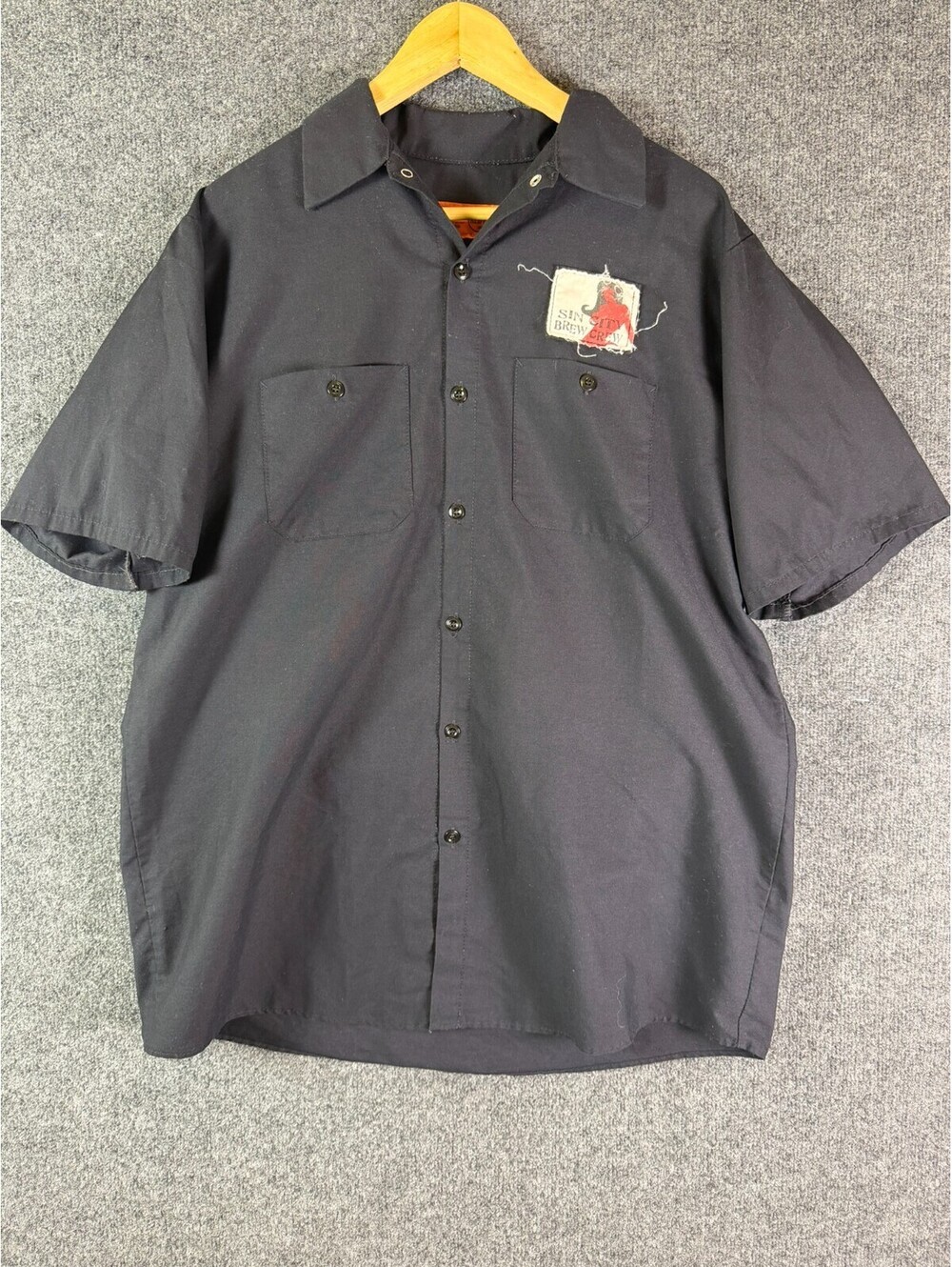 Red Kap Mens L Short Sleeve Work Shirt Black Sin City Brew Crew Patch Raw Edge